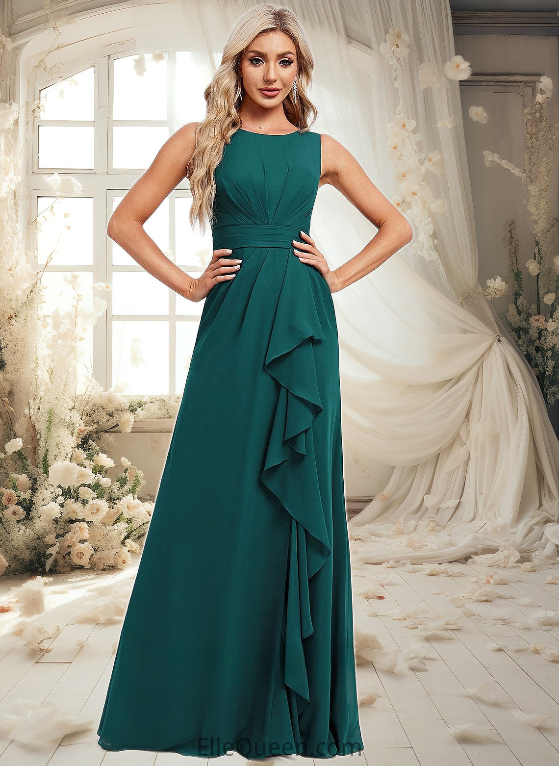 Nora A-line Scoop Floor-Length Chiffon Bridesmaid Dress With Ruffle DGP0025814