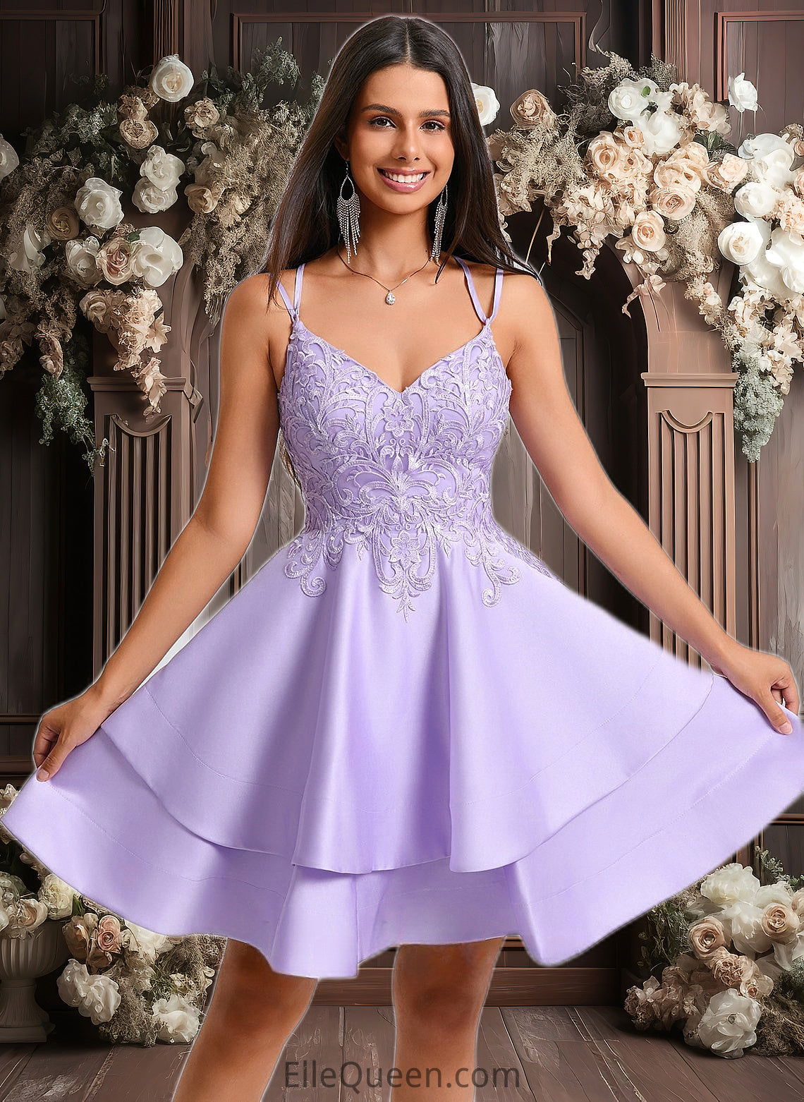 Nataly A-line V-Neck Short Satin Homecoming Dress With Appliques Lace DGP0025692