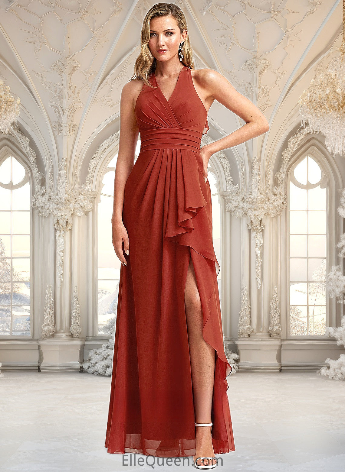 Nayeli A-line V-Neck Floor-Length Chiffon Bridesmaid Dress With Ruffle DGP0025754