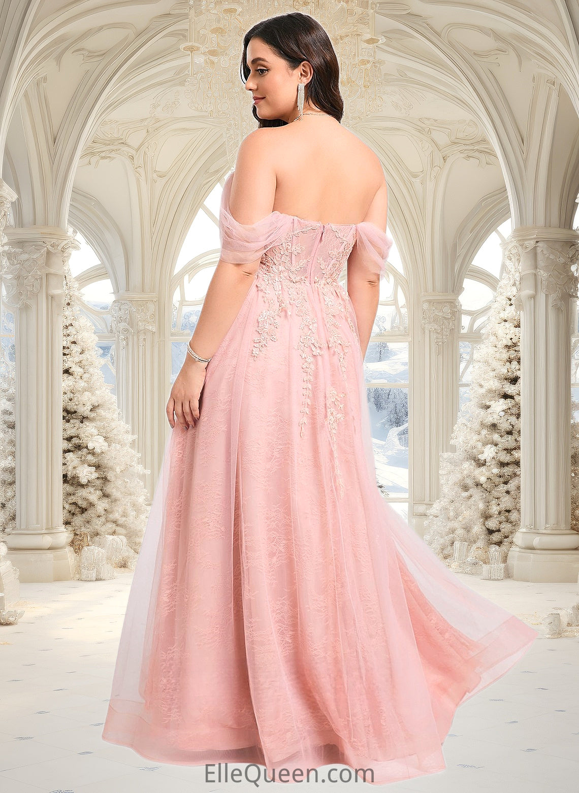 Esmeralda A-line Sweetheart Off the Shoulder Floor-Length Tulle Floral Lace Prom Dresses With Appliques Lace DGP0025870