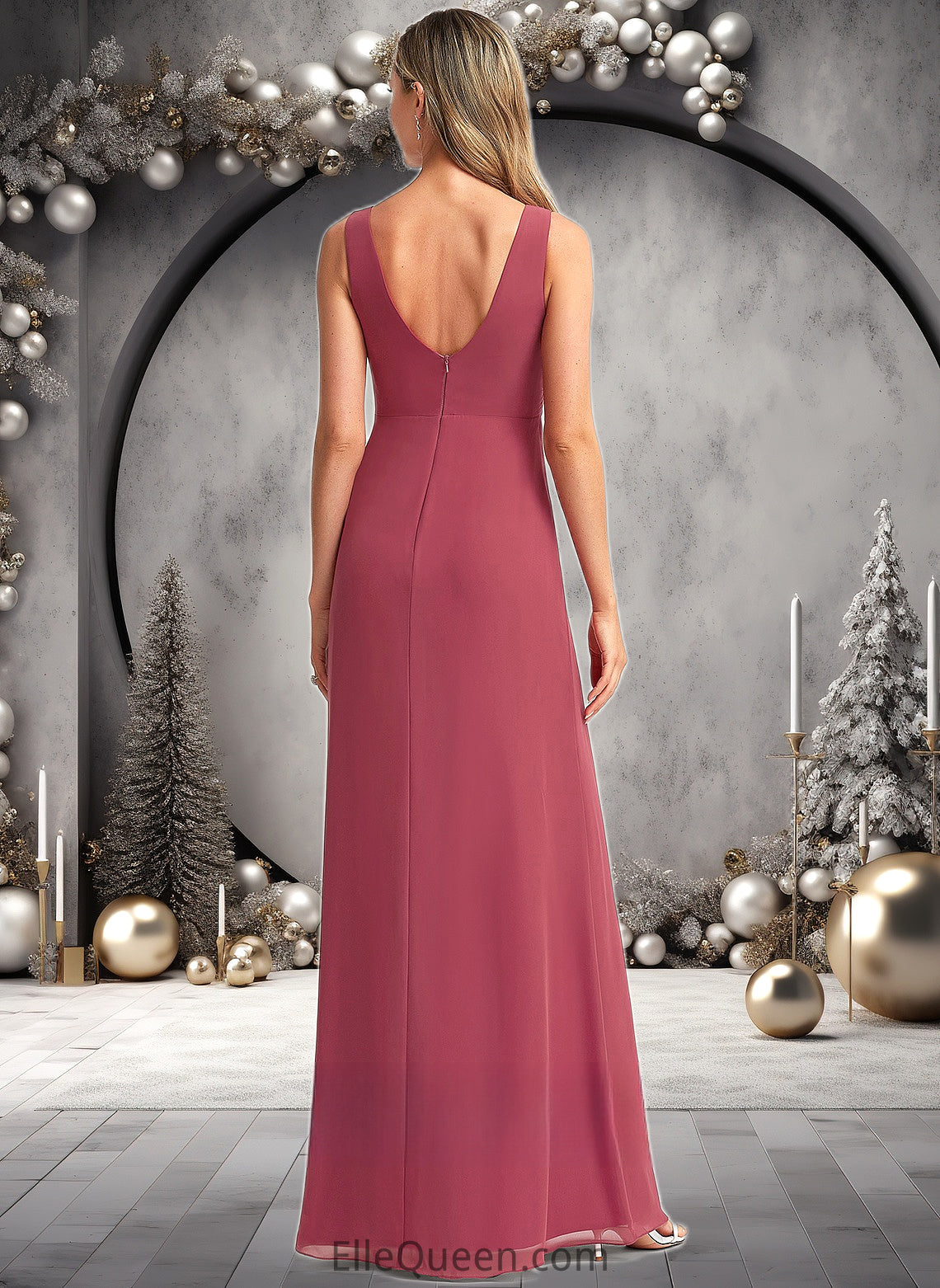 Catalina A-line V-Neck Floor-Length Chiffon Bridesmaid Dress DGP0025753