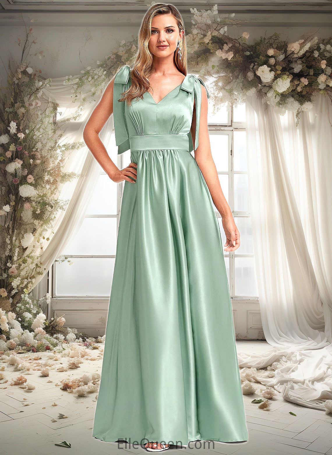 Kelsie A-line V-Neck Floor-Length Stretch Satin Bridesmaid Dress With Bow DGP0025737