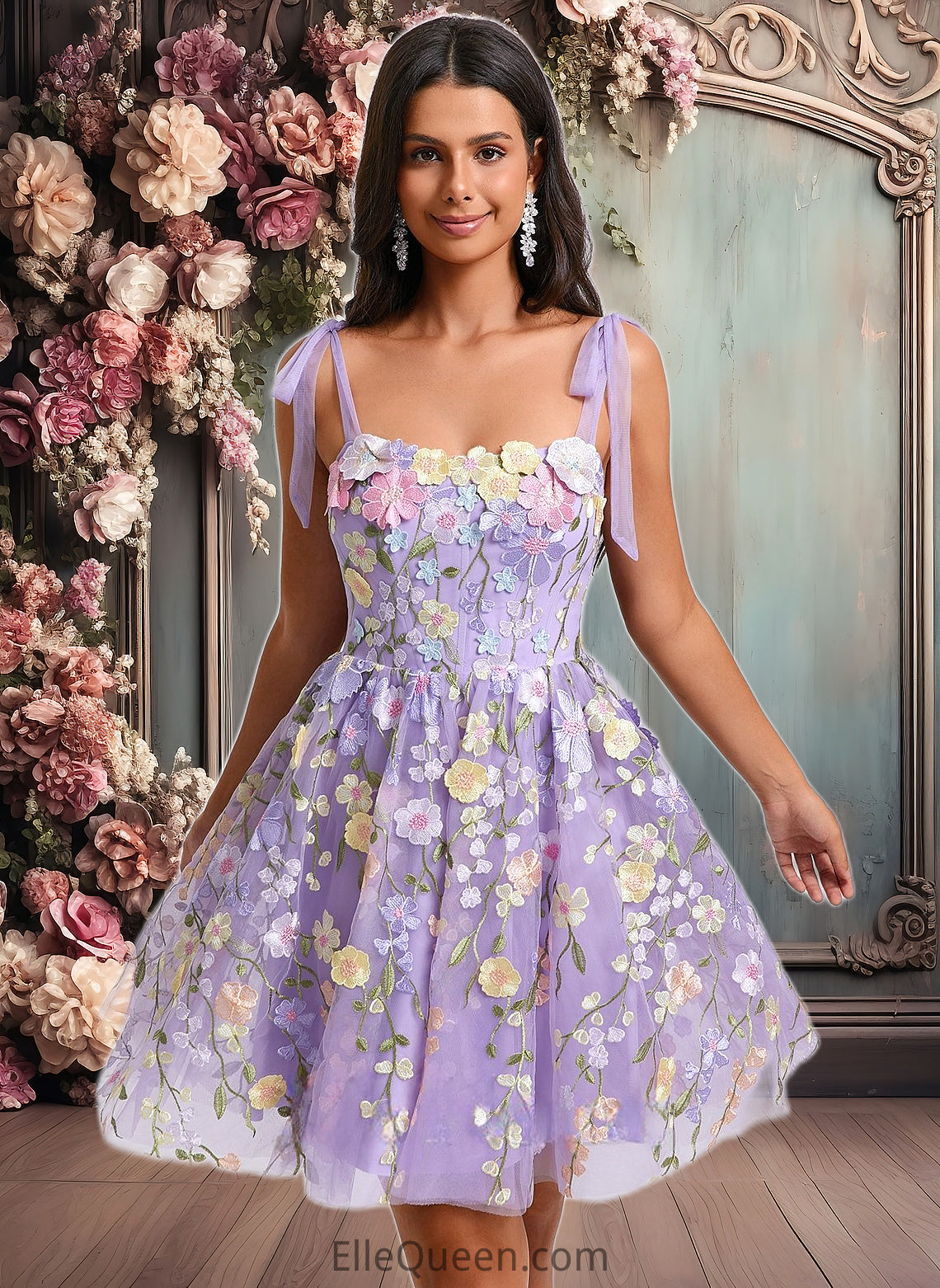 Ryann A-line Scoop Short Floral Lace Homecoming Dress With Bow 3D Floral DGP0025695