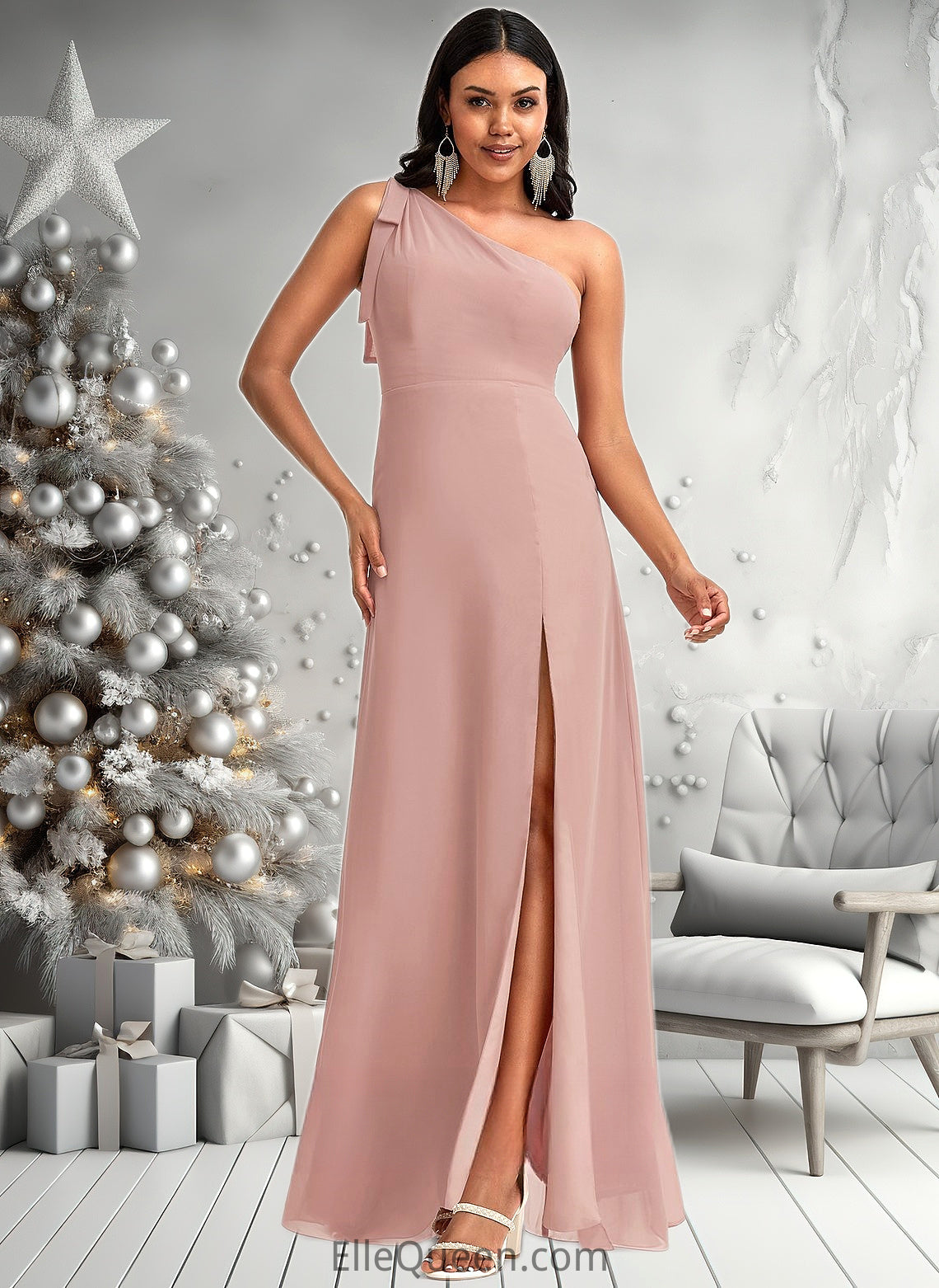 Noemi A-line One Shoulder Floor-Length Chiffon Bridesmaid Dress With Bow DGP0025748