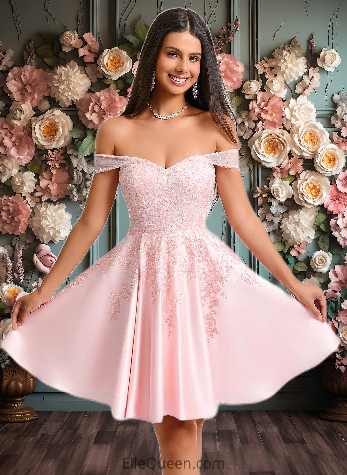 Renee A-line Off the Shoulder Short Satin Homecoming Dress With Rhinestone Beading Appliques Lace DGP0025679