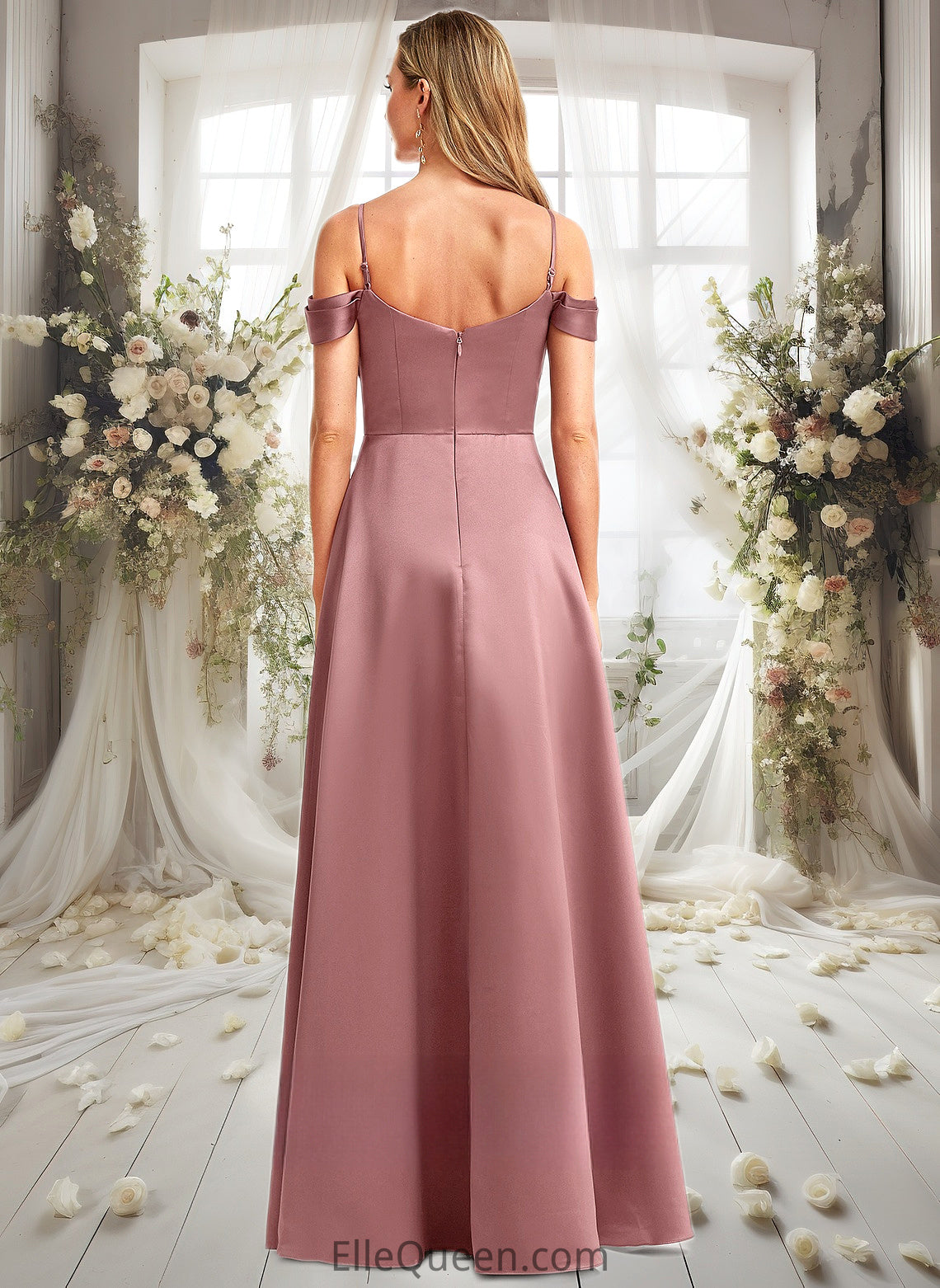 Ansley A-line Cold Shoulder Floor-Length Satin Bridesmaid Dress DGP0025750