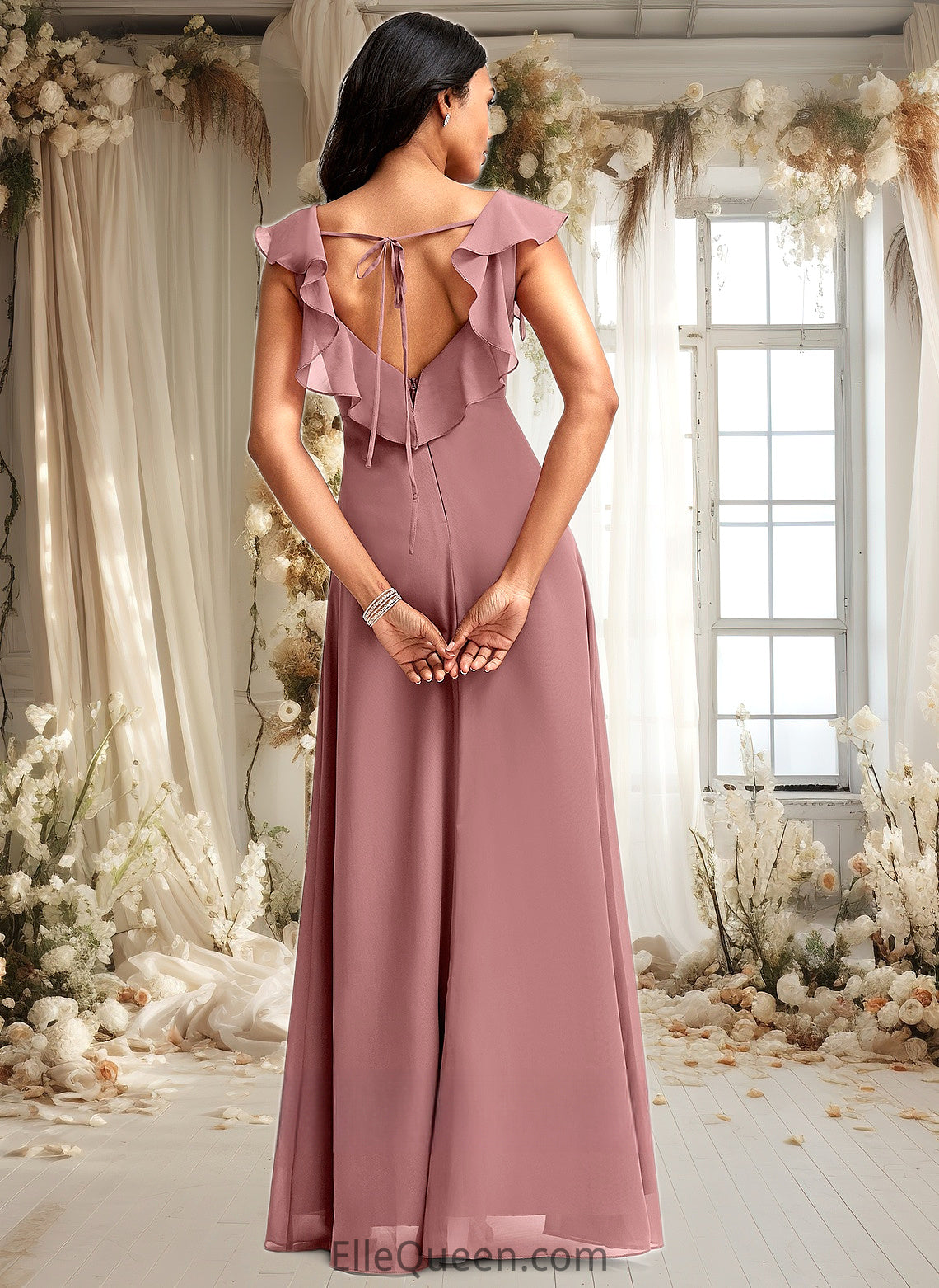 Everly A-line V-Neck Floor-Length Chiffon Bridesmaid Dress With Ruffle DGP0025751