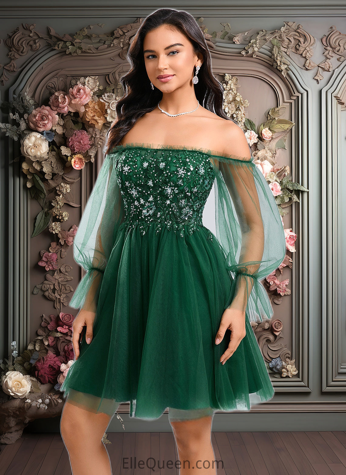 Tianna A-line Off the Shoulder Short Tulle Homecoming Dress With Sequins Appliques Lace DGP0025663