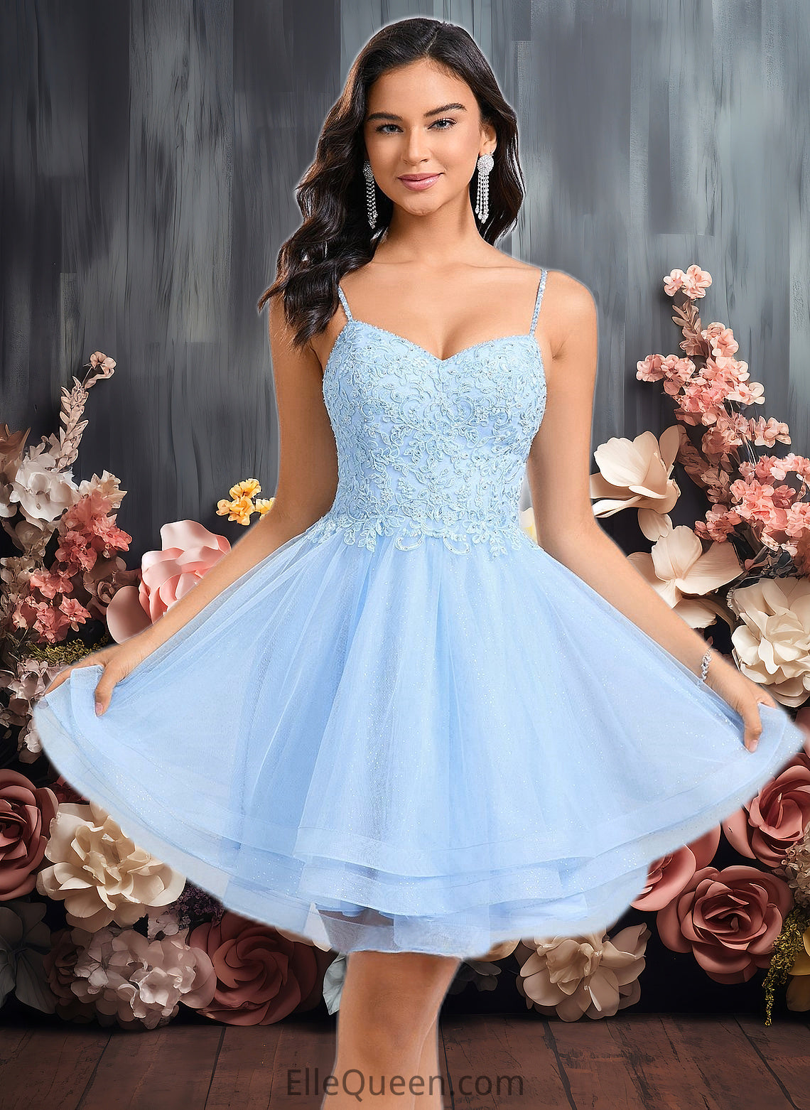 Aracely A-line V-Neck Short Lace Tulle Homecoming Dress With Rhinestone Sequins DGP0025658