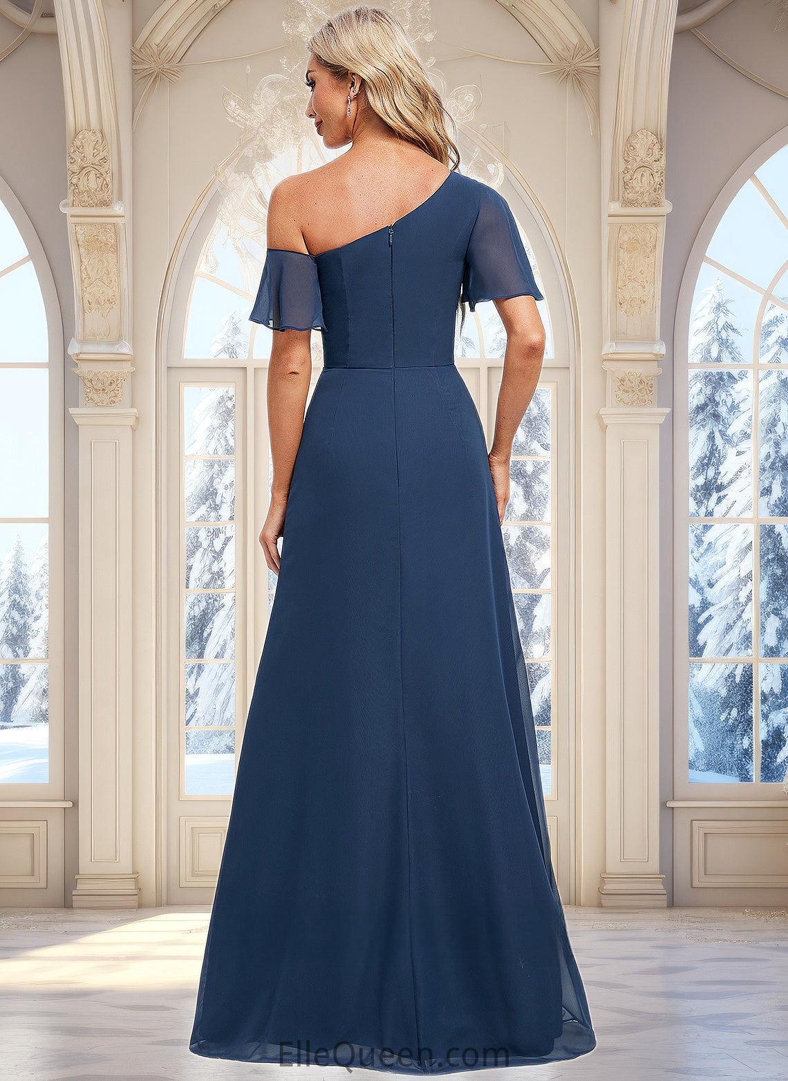 Margery A-line Asymmetrical Floor-Length Chiffon Bridesmaid Dress With Ruffle DGP0025801