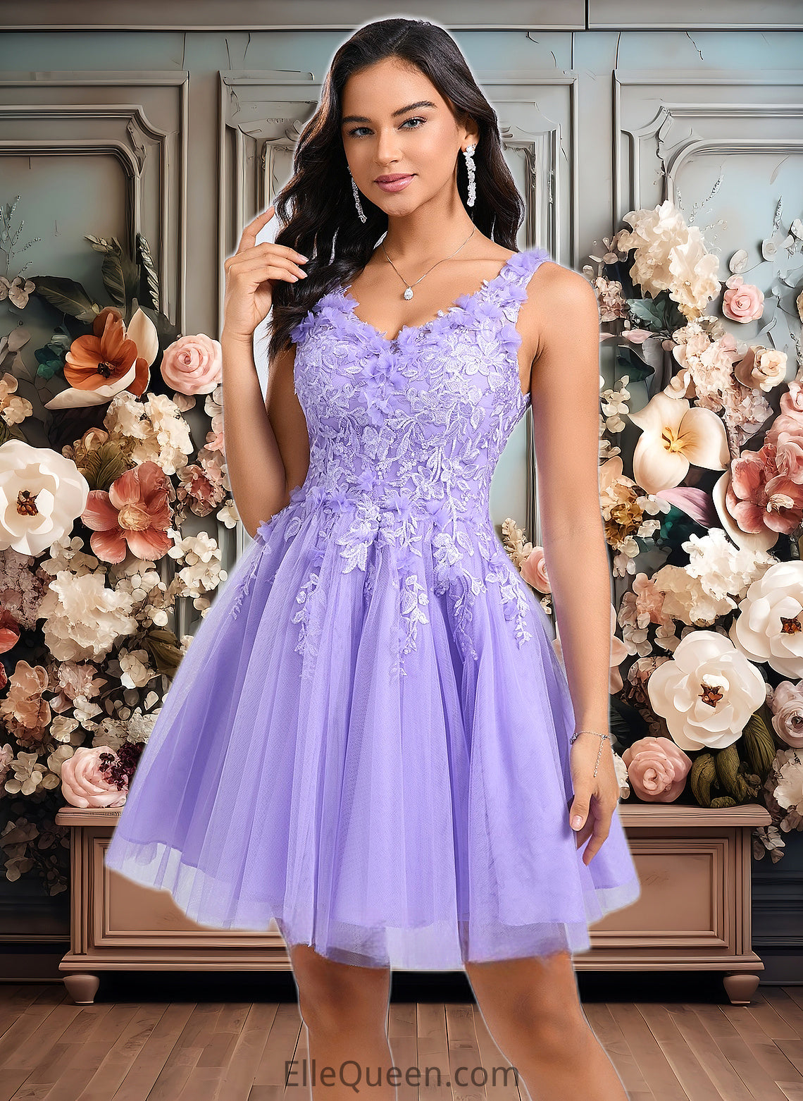 Cheyanne Ball-Gown/Princess V-Neck Short Lace Tulle Homecoming Dress With Flower DGP0025656