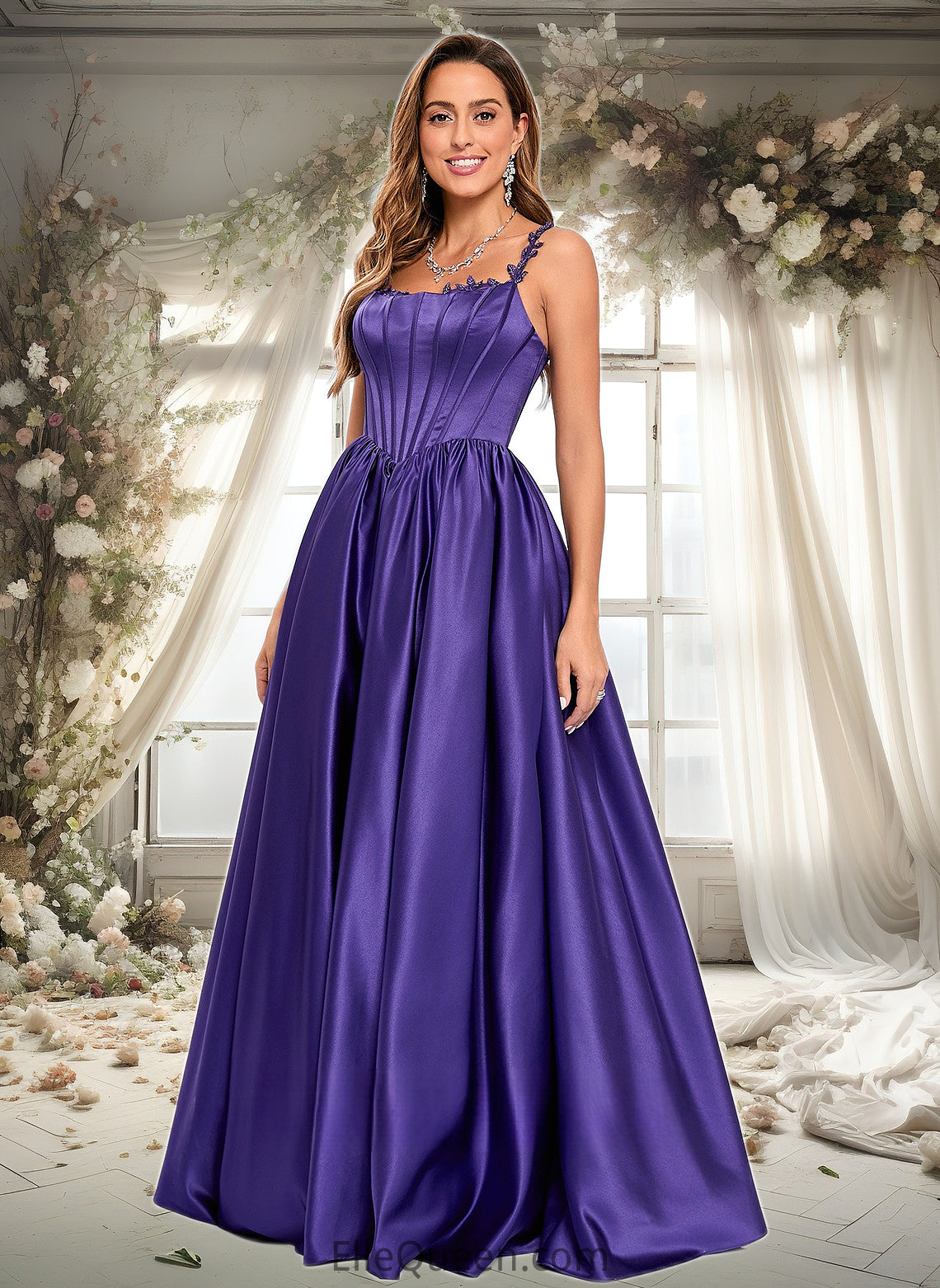 Taryn Ball-Gown/Princess Scoop Floor-Length Satin Prom Dresses With Appliques Lace Beading DGP0025865