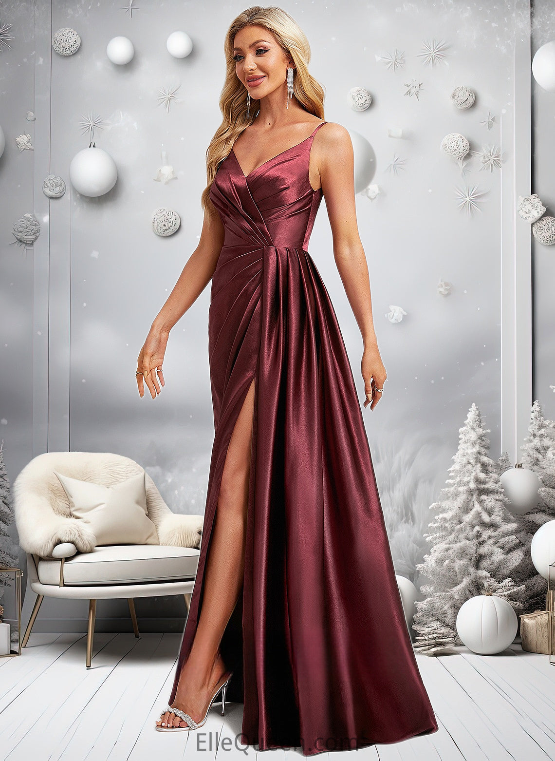 Lindsay A-line V-Neck Floor-Length Stretch Satin Bridesmaid Dress With Ruffle DGP0025785