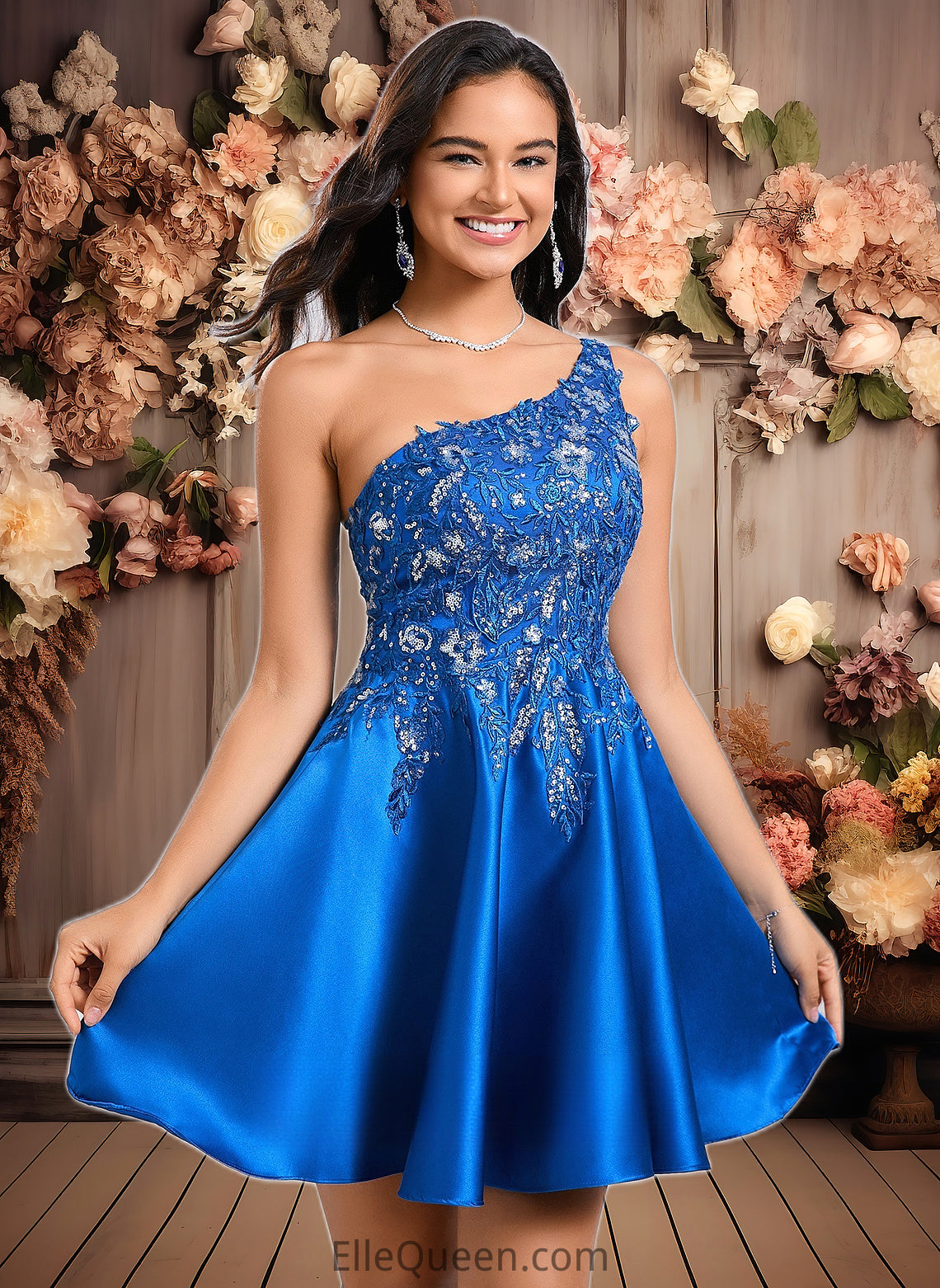 Charlie A-line One Shoulder Short Satin Homecoming Dress With Appliques Lace Sequins DGP0025657