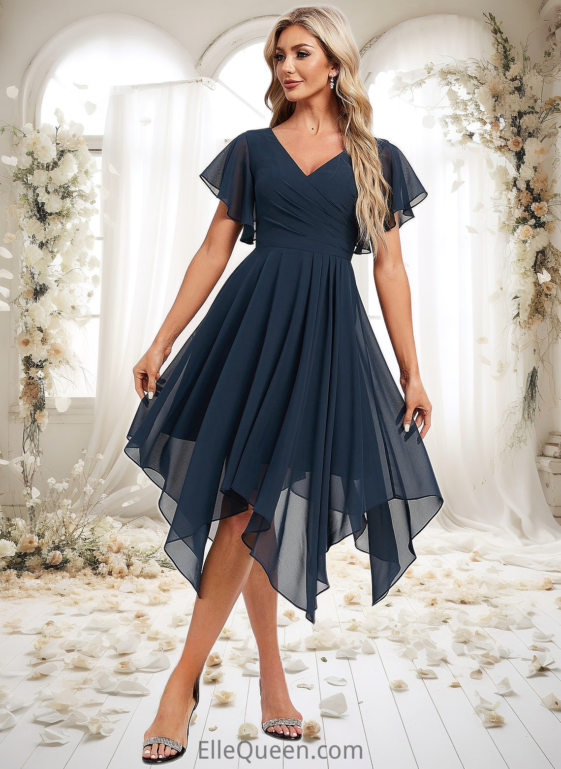 Catalina A-line V-Neck Asymmetrical Chiffon Bridesmaid Dress With Ruffle DGP0025804