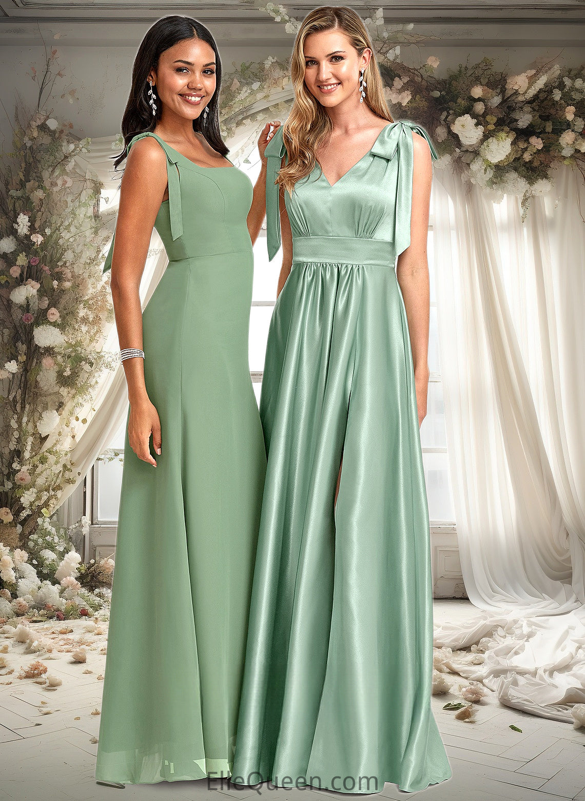 Kelsie A-line V-Neck Floor-Length Stretch Satin Bridesmaid Dress With Bow DGP0025737