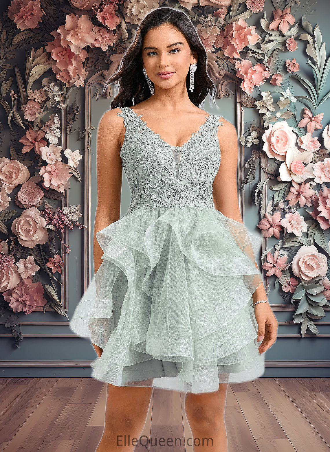 Carolyn Ball-Gown/Princess V-Neck Short Tulle Lace Homecoming Dress DGP0025671