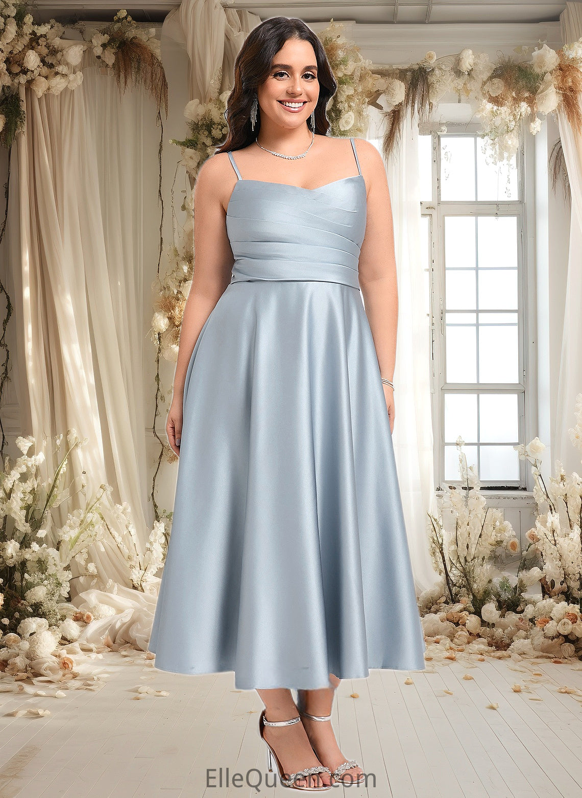 Lyric A-line V-Neck Tea-Length Satin Bridesmaid Dress DGP0025794