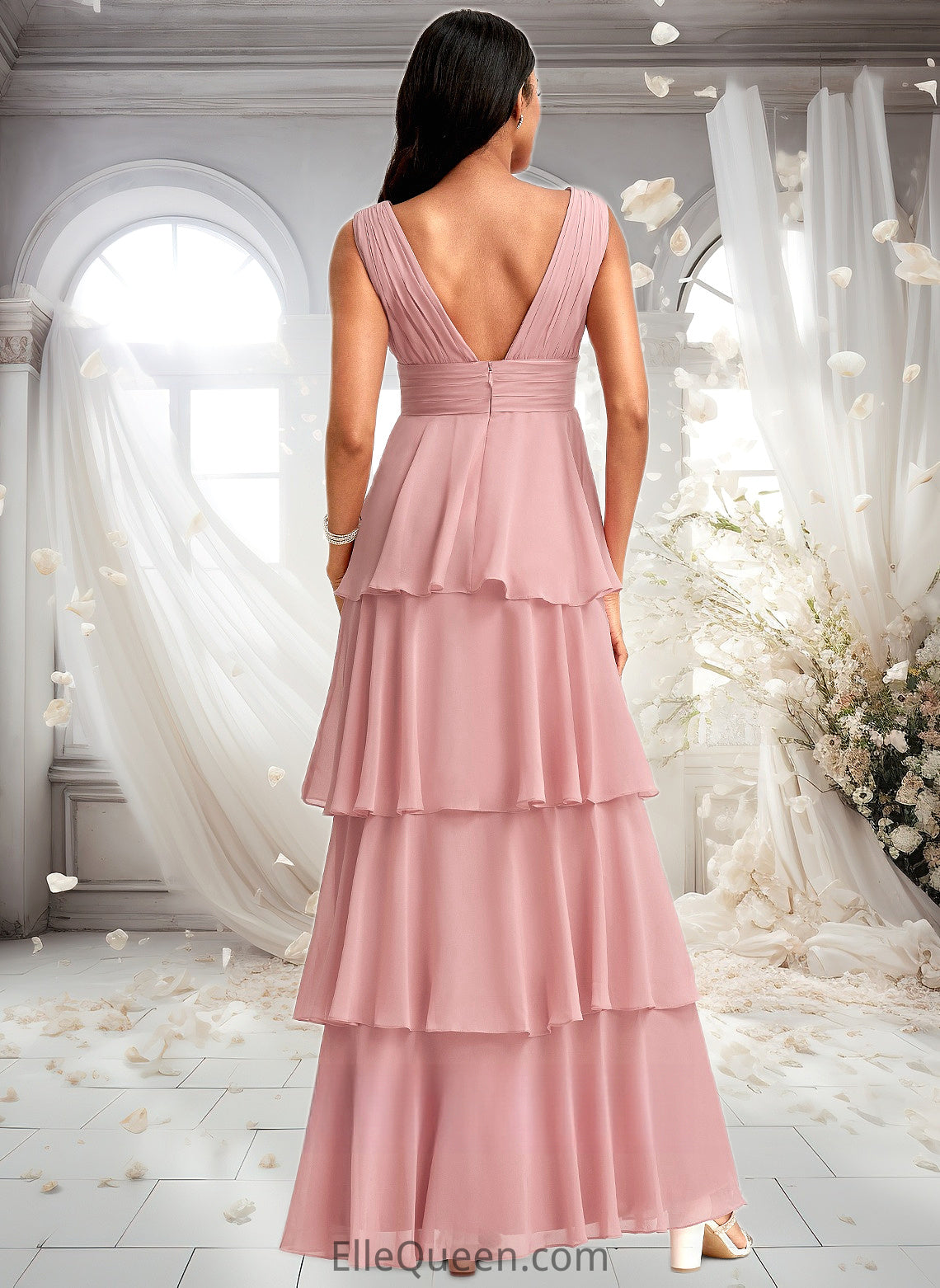 Ximena A-line V-Neck Floor-Length Chiffon Bridesmaid Dress DGP0025749