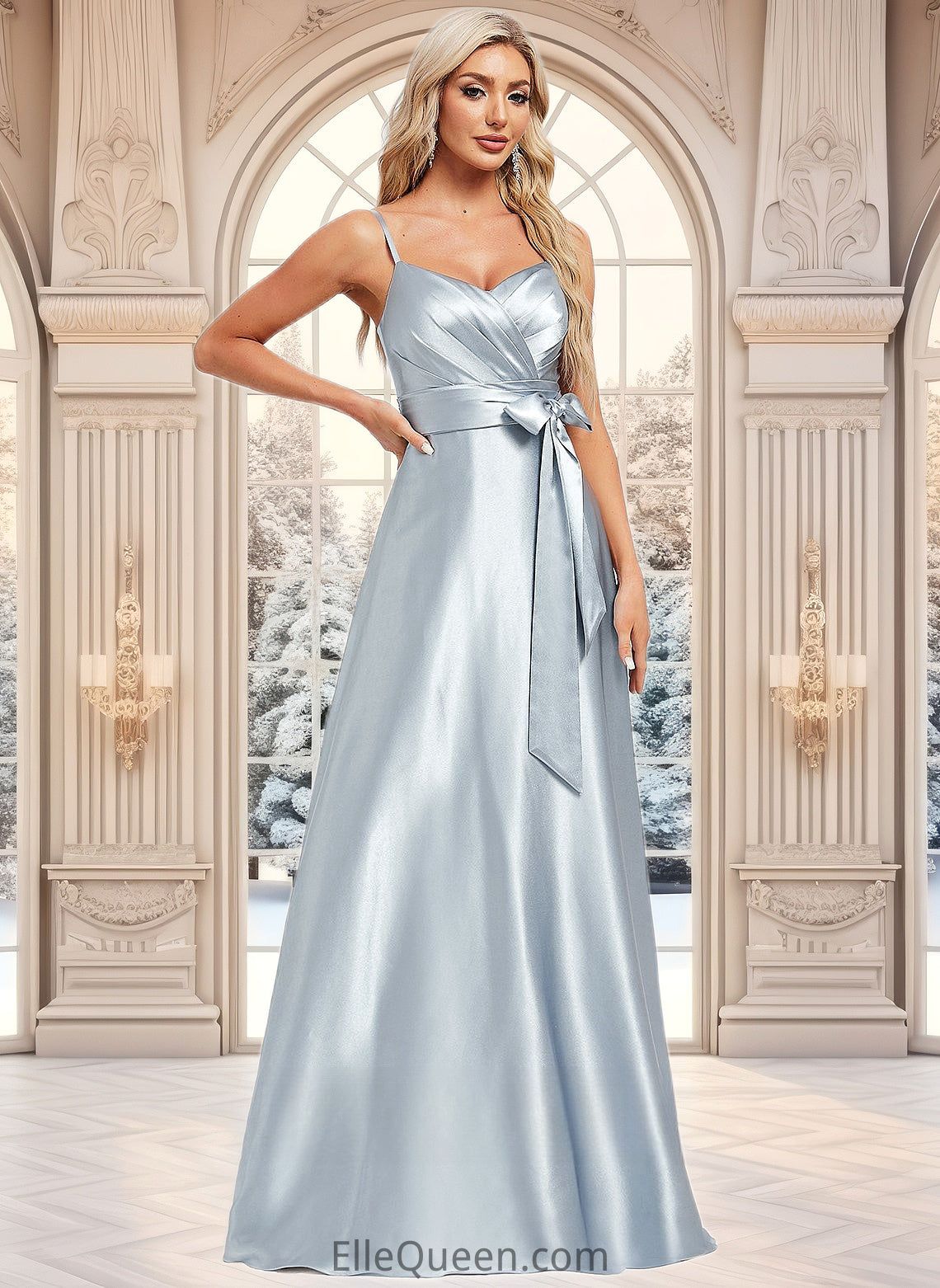 Dominique A-line V-Neck Floor-Length Stretch Satin Bridesmaid Dress DGP0025795