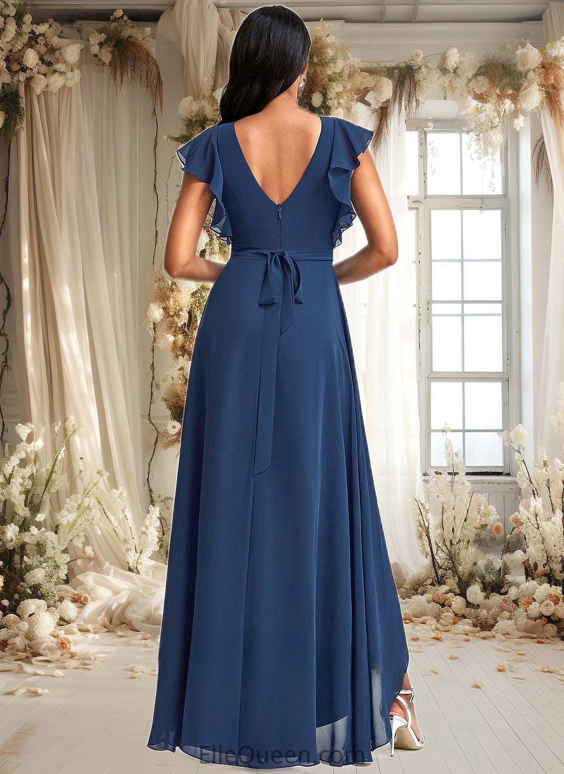 Hanna A-line V-Neck Asymmetrical Chiffon Bridesmaid Dress With Ruffle DGP0025733