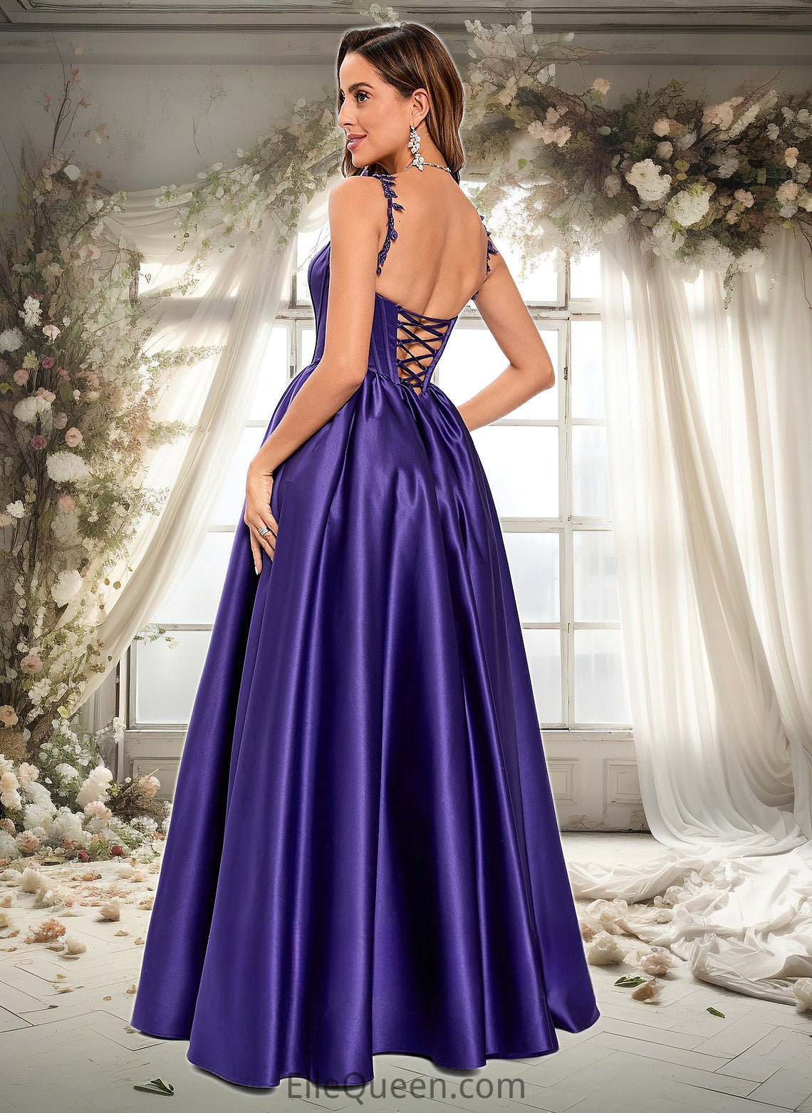 Taryn Ball-Gown/Princess Scoop Floor-Length Satin Prom Dresses With Appliques Lace Beading DGP0025865