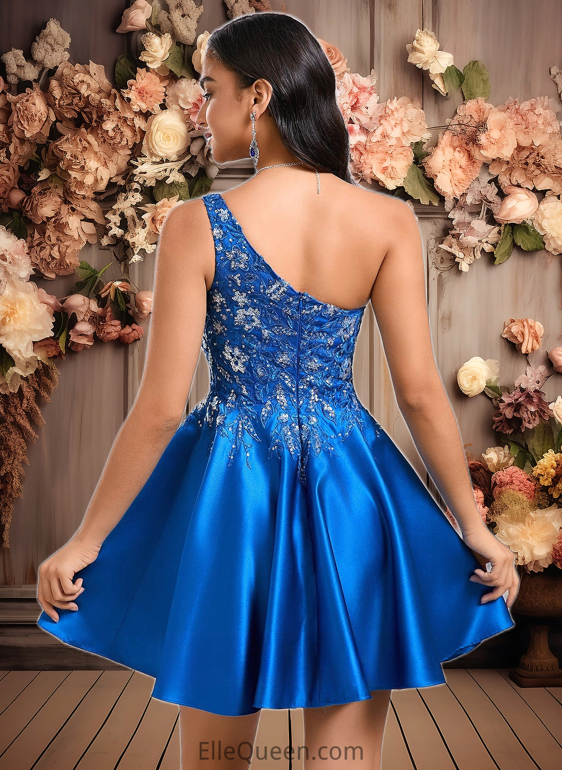 Charlie A-line One Shoulder Short Satin Homecoming Dress With Appliques Lace Sequins DGP0025657