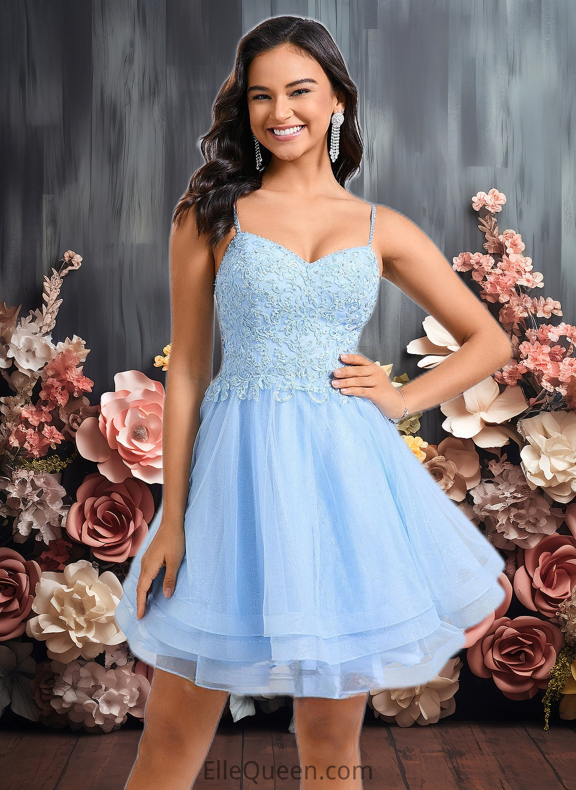 Aracely A-line V-Neck Short Lace Tulle Homecoming Dress With Rhinestone Sequins DGP0025658