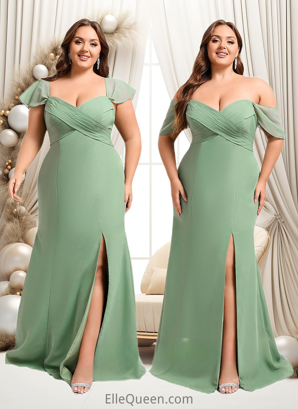 Celeste Trumpet/Mermaid Off the Shoulder V-Neck Floor-Length Chiffon Bridesmaid Dress DGP0025810