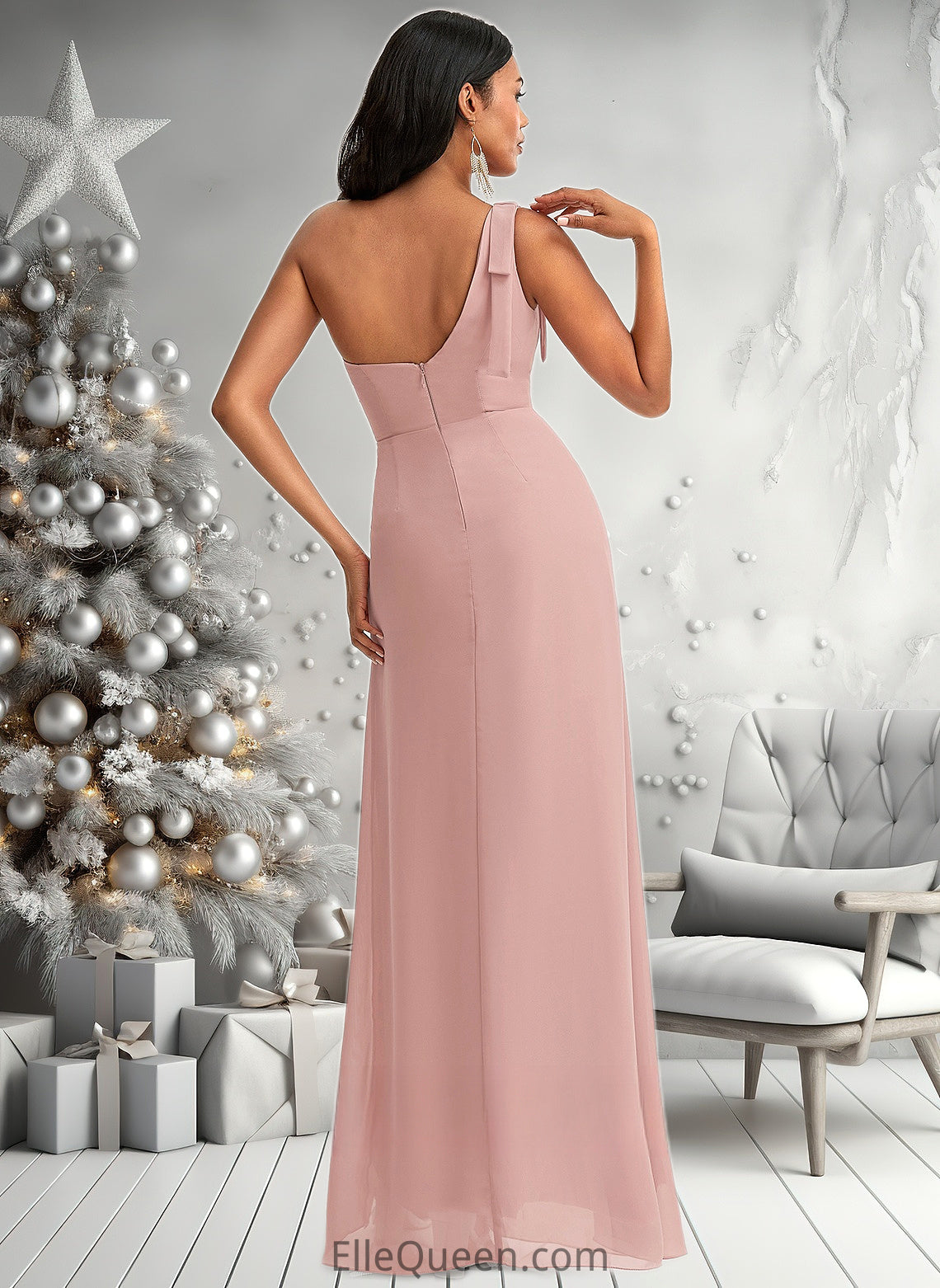 Noemi A-line One Shoulder Floor-Length Chiffon Bridesmaid Dress With Bow DGP0025748