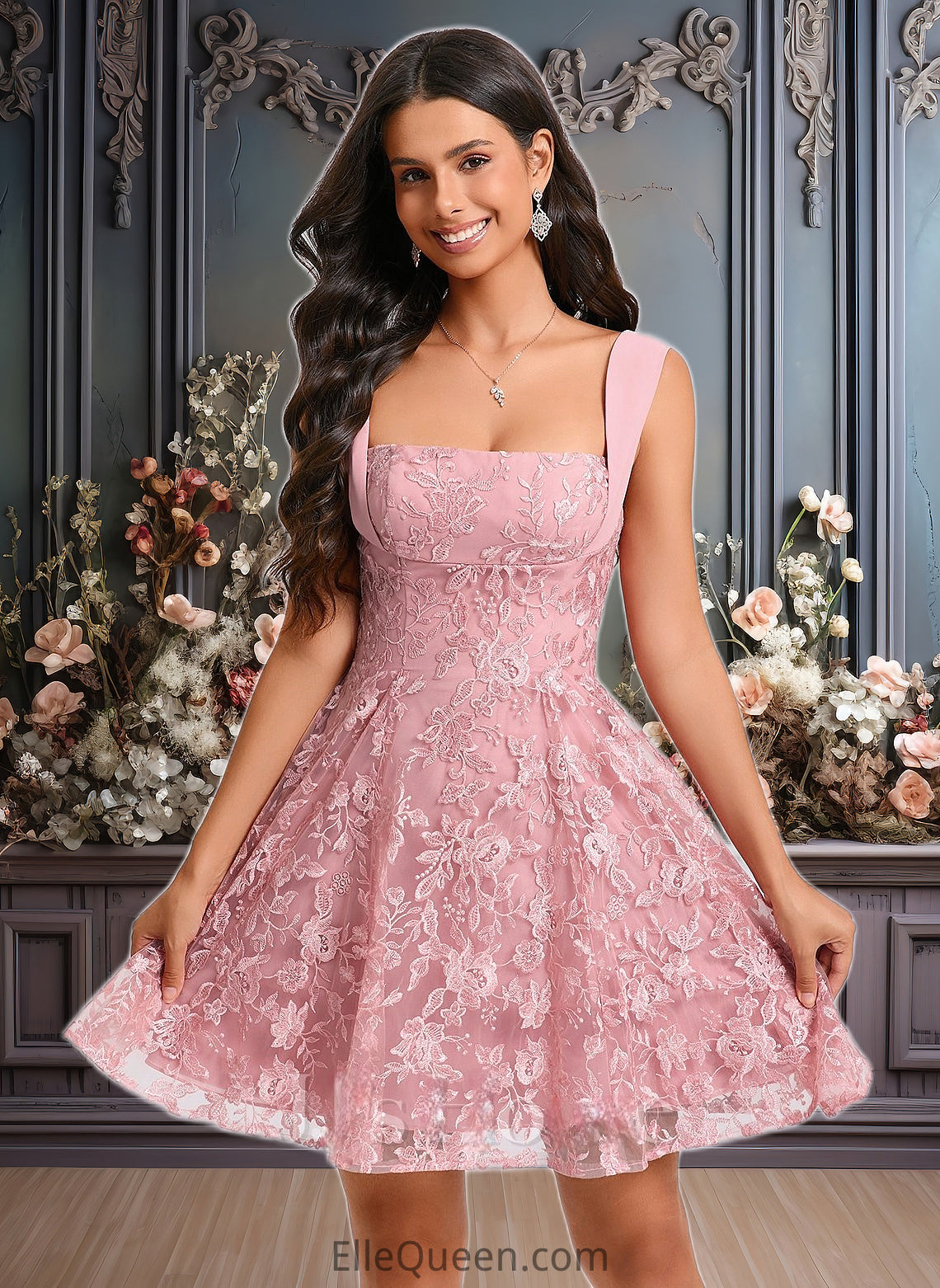 Kallie A-line Square Mini Lace Homecoming Dress With Bow Sequins DGP0025647