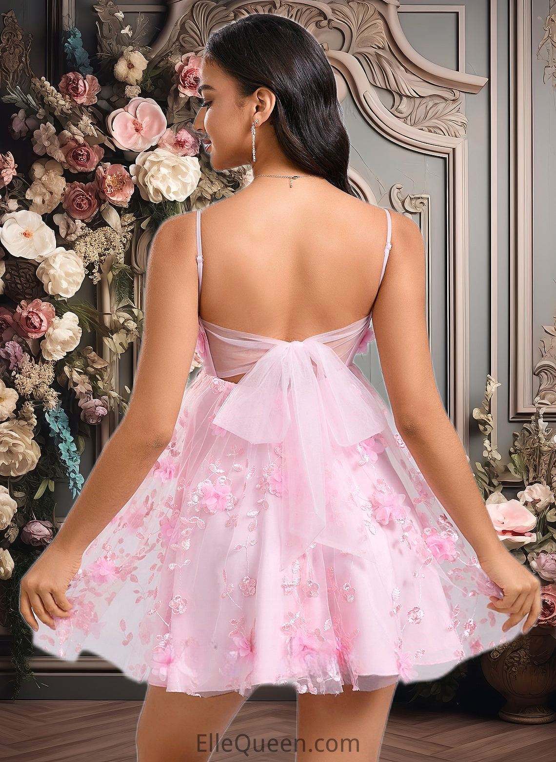 Seraphina A-line Straight Mini Lace Homecoming Dress With Bow Flower DGP0025670