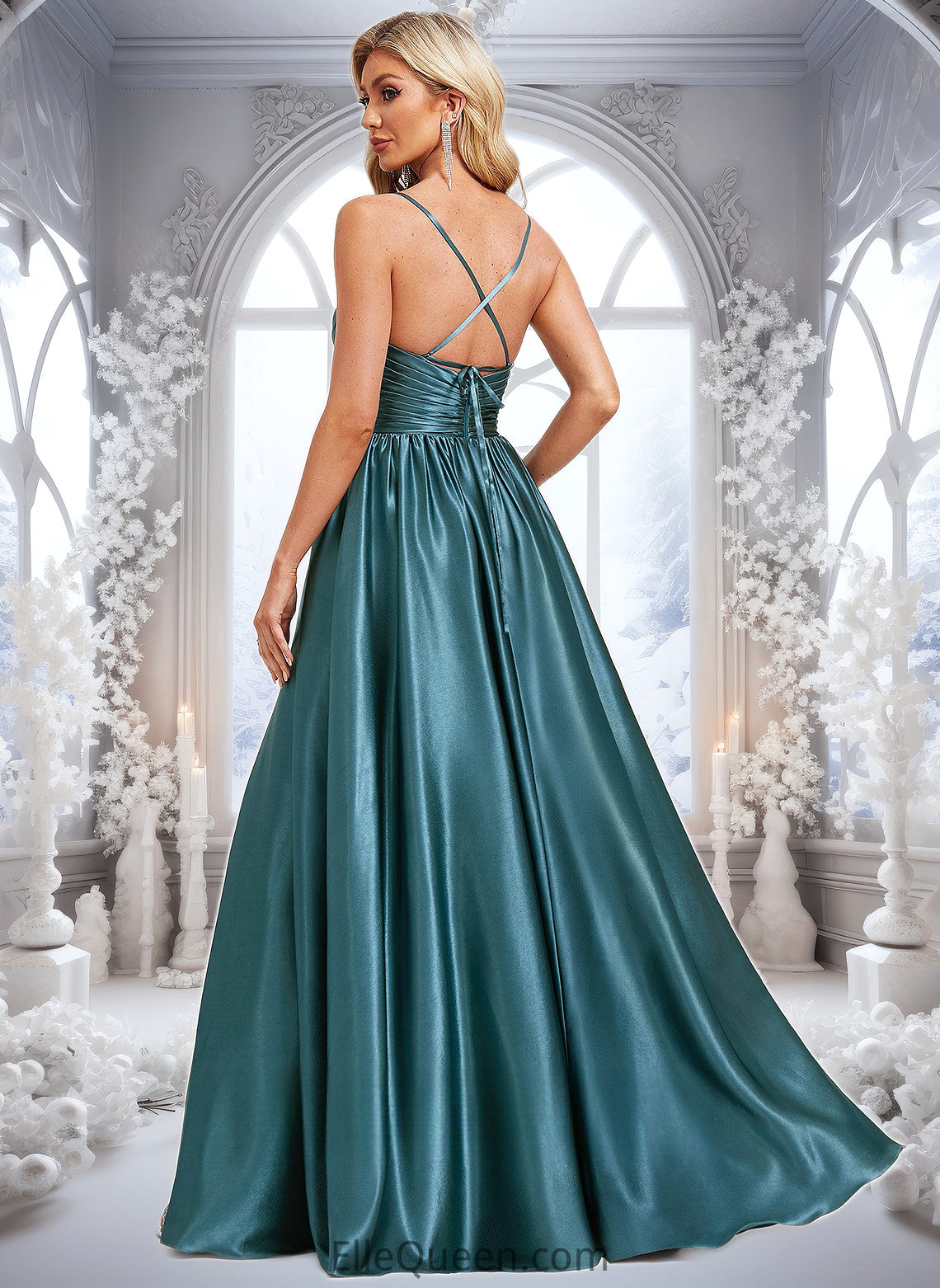 Jess A-line V-Neck Floor-Length Stretch Satin Bridesmaid Dress DGP0025786