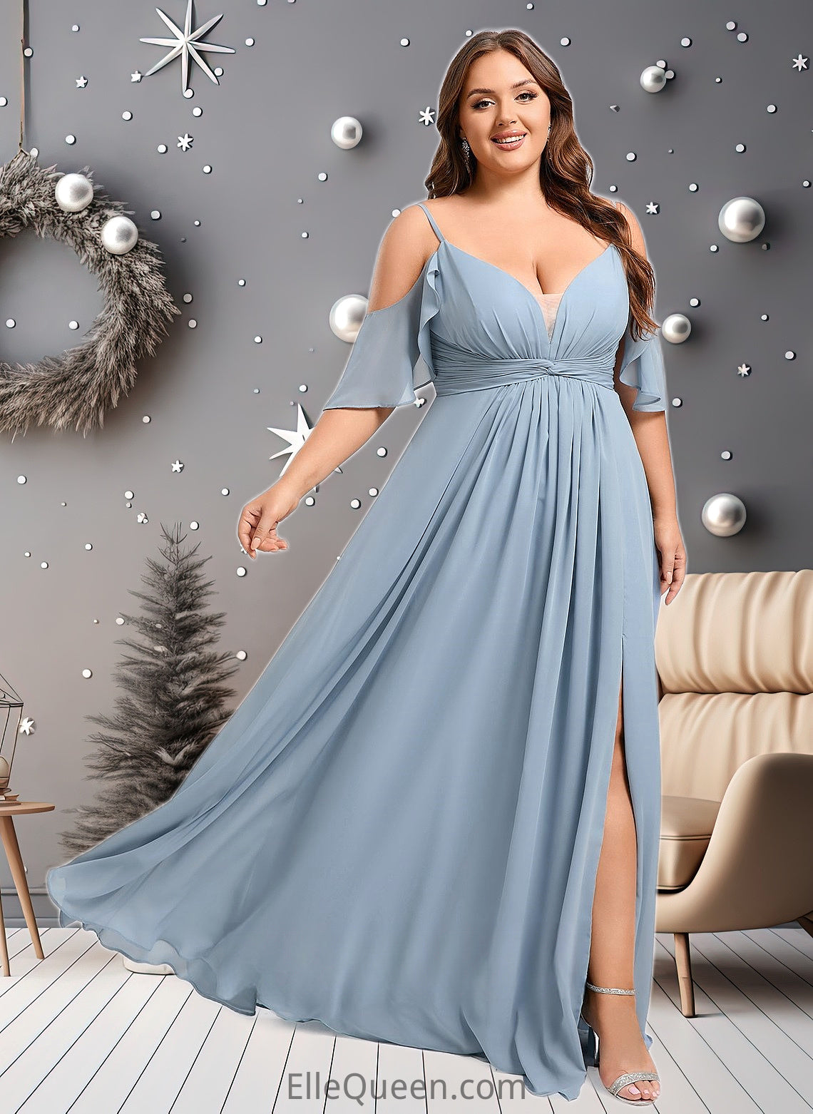 Tina A-line Cold Shoulder Floor-Length Chiffon Bridesmaid Dress With Ruffle DGP0025797