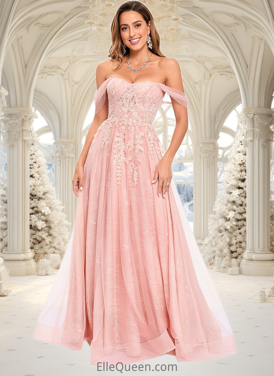 Esmeralda A-line Sweetheart Off the Shoulder Floor-Length Tulle Floral Lace Prom Dresses With Appliques Lace DGP0025870