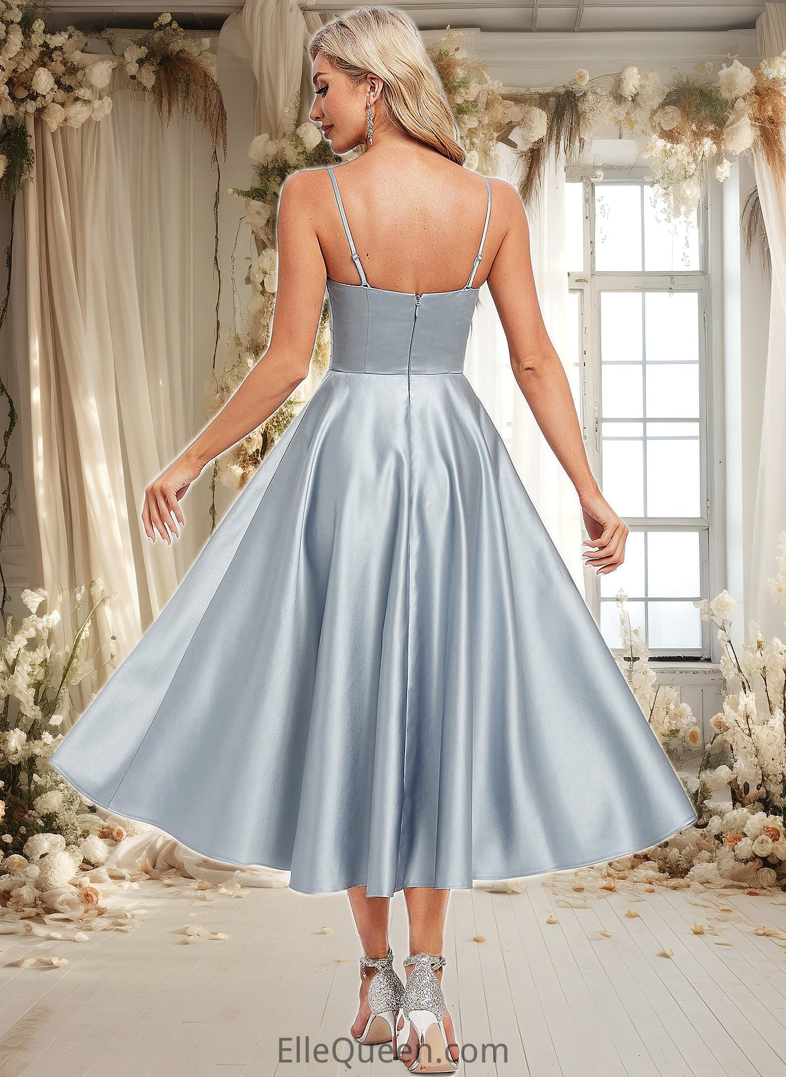 Lyric A-line V-Neck Tea-Length Satin Bridesmaid Dress DGP0025794