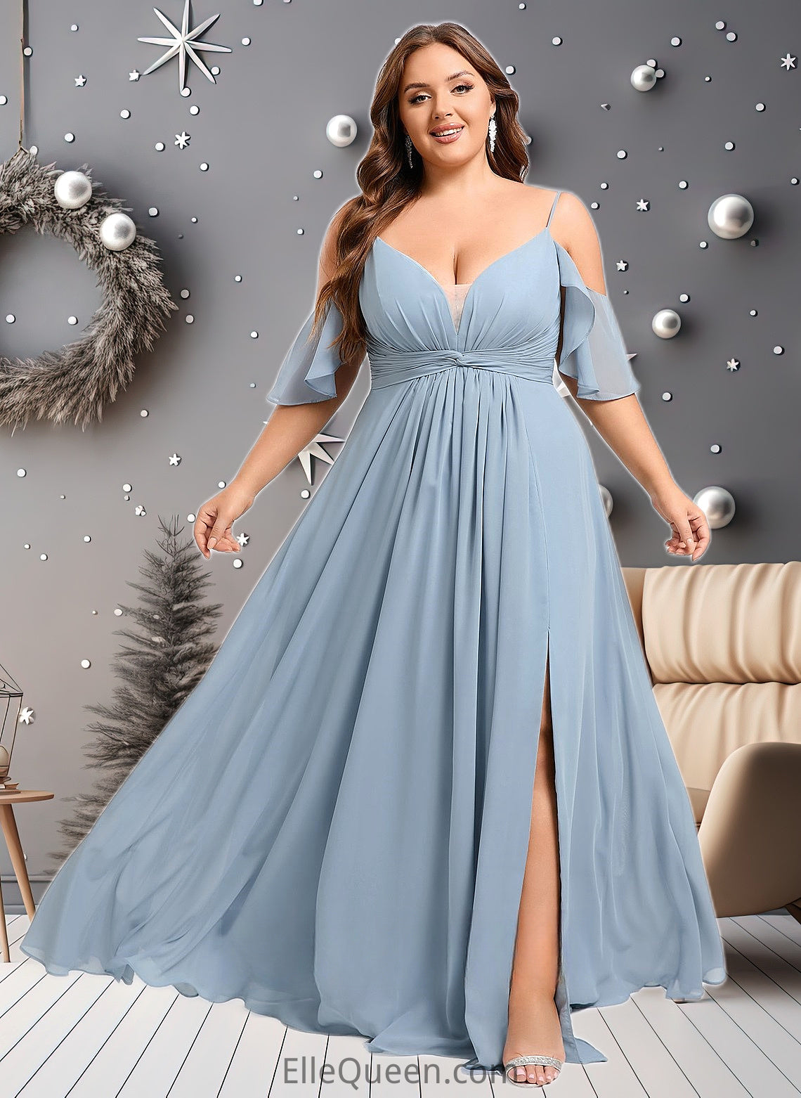 Tina A-line Cold Shoulder Floor-Length Chiffon Bridesmaid Dress With Ruffle DGP0025797