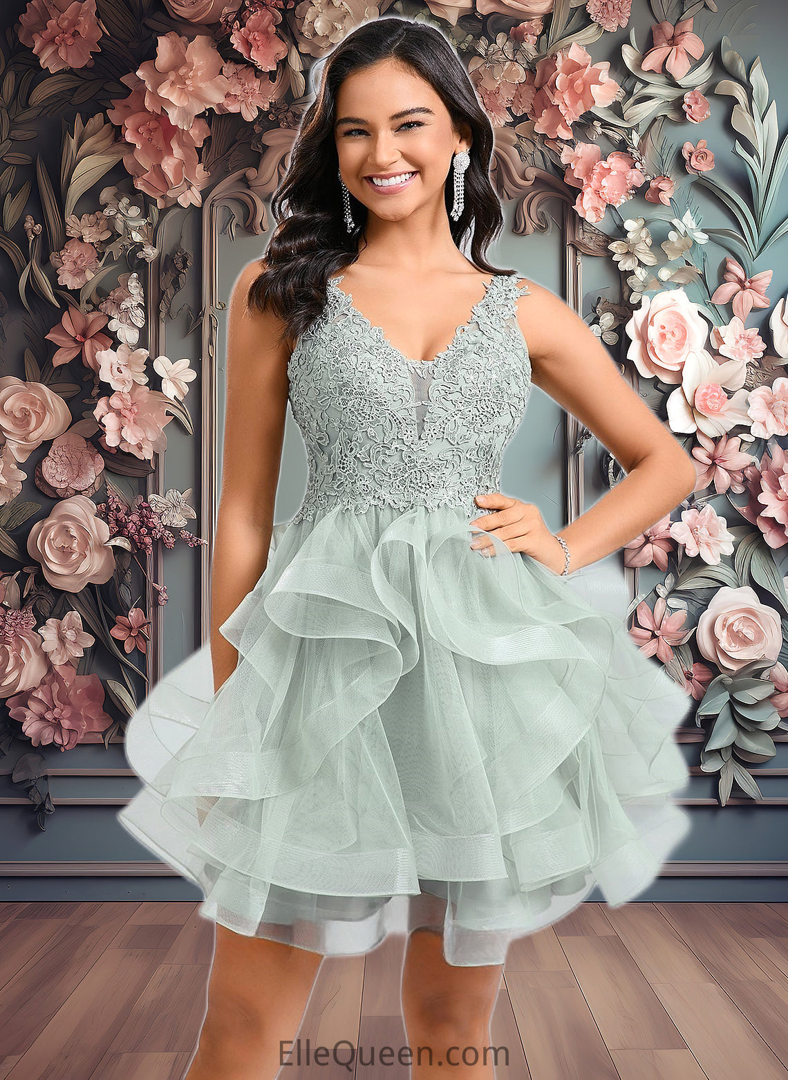 Carolyn Ball-Gown/Princess V-Neck Short Tulle Lace Homecoming Dress DGP0025671