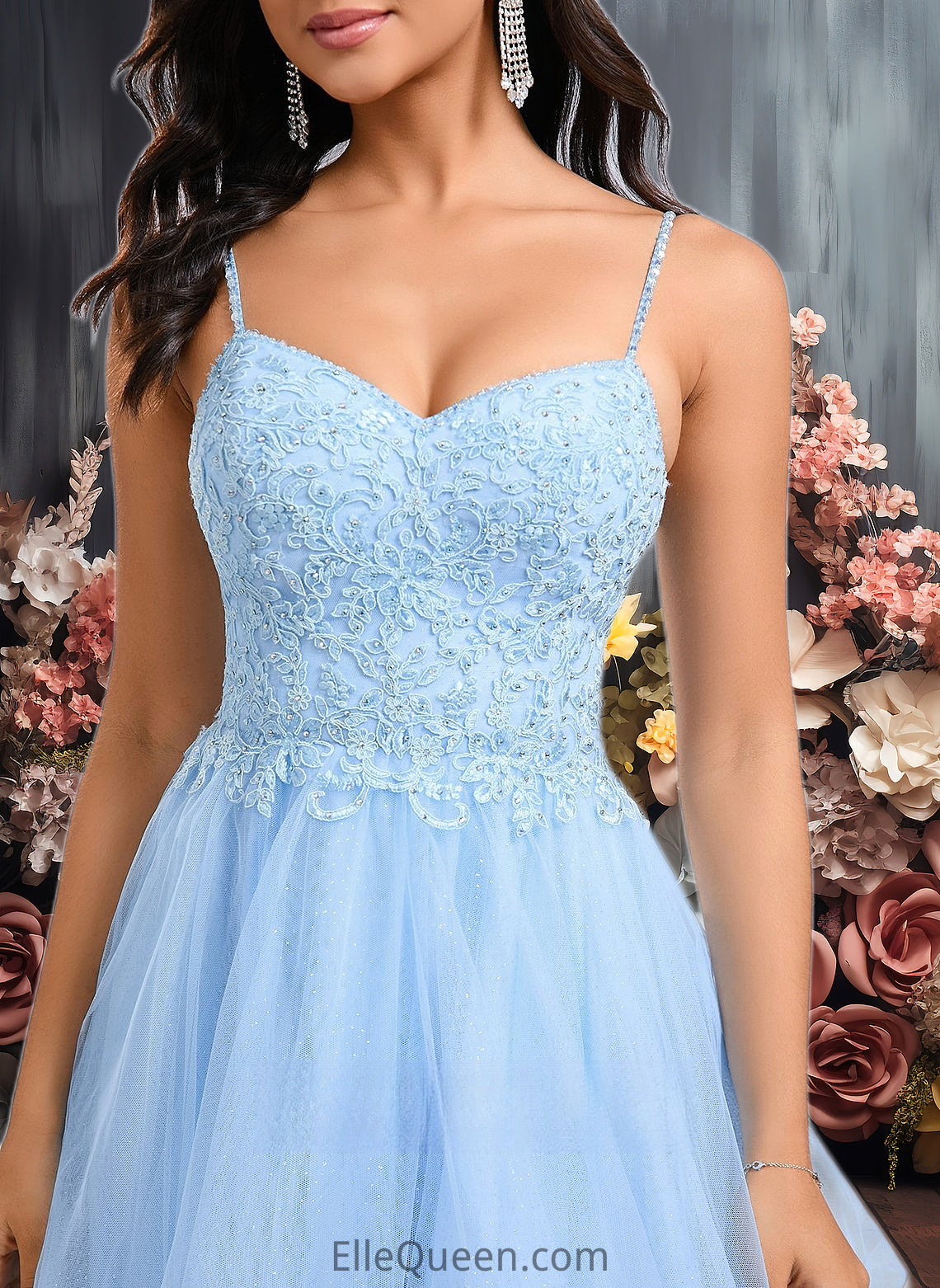 Aracely A-line V-Neck Short Lace Tulle Homecoming Dress With Rhinestone Sequins DGP0025658