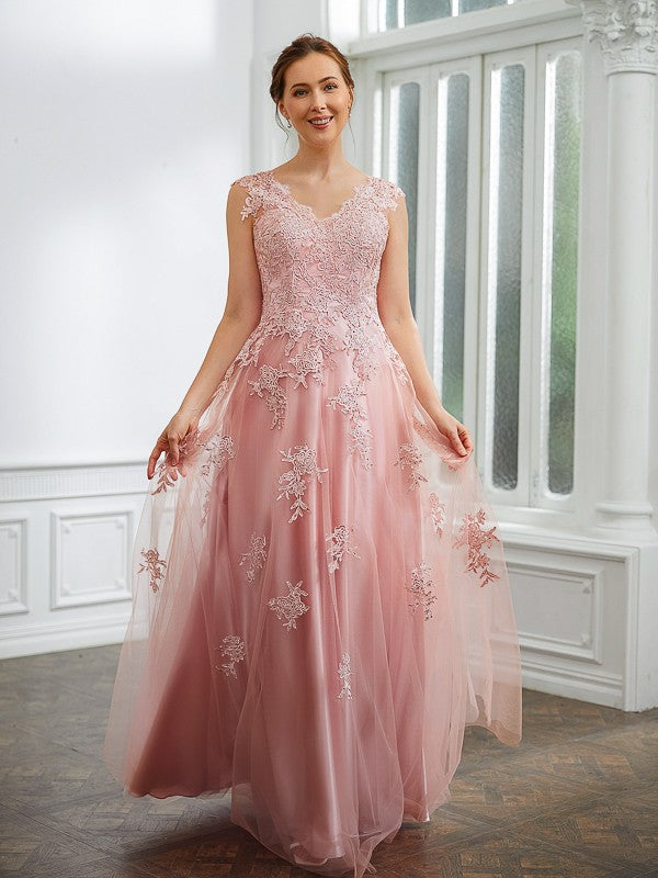 Taryn A-Line/Princess Tulle Applique V-neck Sleeveless Floor-Length Dresses DGP0020264