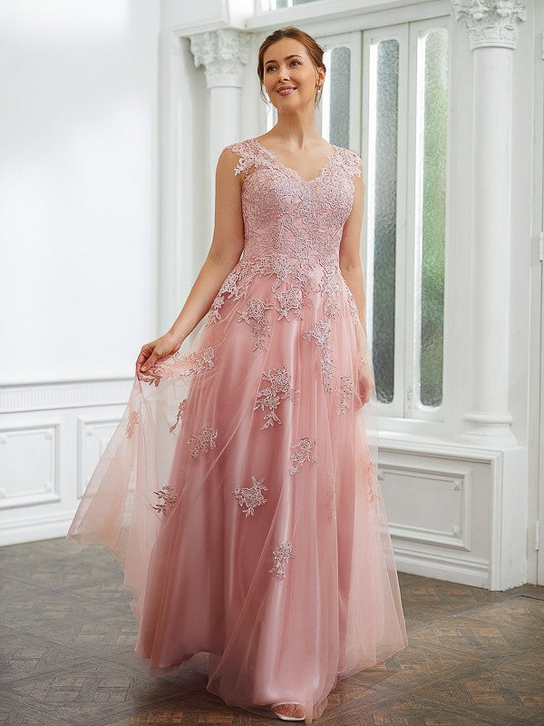 Taryn A-Line/Princess Tulle Applique V-neck Sleeveless Floor-Length Dresses DGP0020264