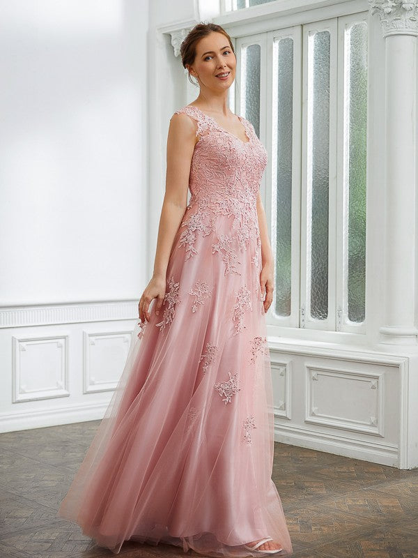 Taryn A-Line/Princess Tulle Applique V-neck Sleeveless Floor-Length Dresses DGP0020264