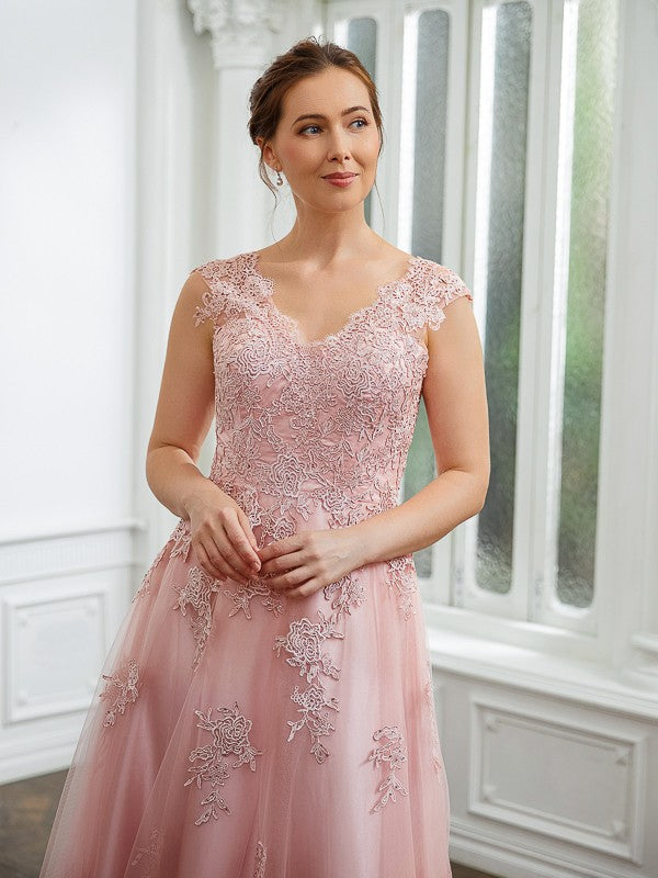 Taryn A-Line/Princess Tulle Applique V-neck Sleeveless Floor-Length Dresses DGP0020264