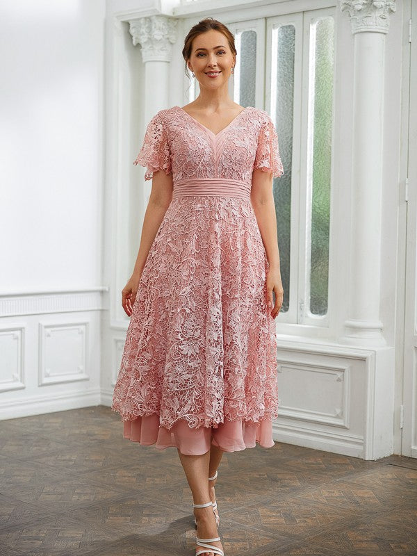 Rosalie A-Line/Princess Chiffon Applique V-neck Short Sleeves Tea-Length Dresses DGP0020244