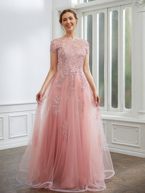 Kenley A-Line/Princess Tulle Applique Bateau Short Sleeves Floor-Length Dresses DGP0020242