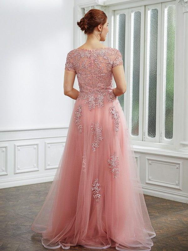 Kenley A-Line/Princess Tulle Applique Bateau Short Sleeves Floor-Length Dresses DGP0020242