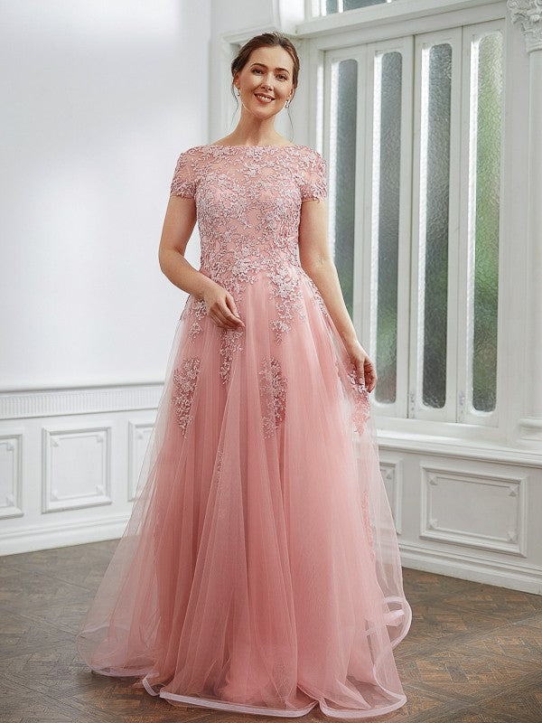 Kenley A-Line/Princess Tulle Applique Bateau Short Sleeves Floor-Length Dresses DGP0020242