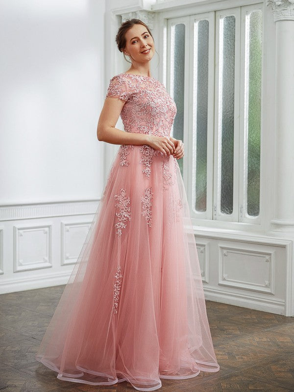 Kenley A-Line/Princess Tulle Applique Bateau Short Sleeves Floor-Length Dresses DGP0020242