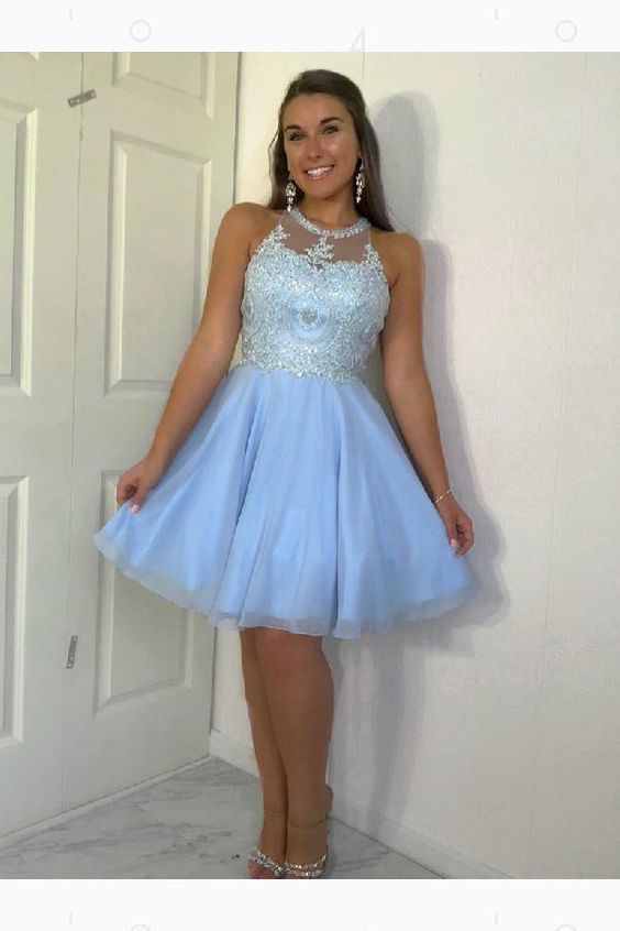 Jaidyn Homecoming Dresses A Line Halter Pleated Tulle Appliques Knee Length Sleeveless