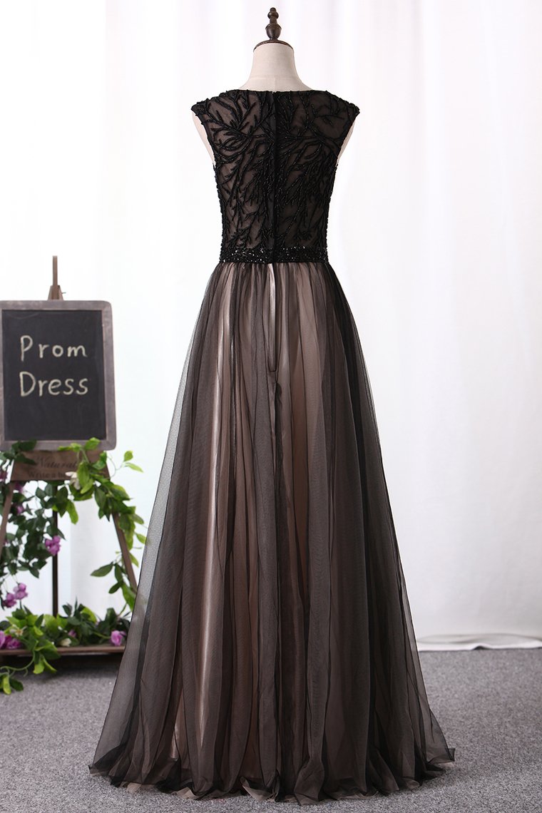2024 Prom Dresses Scoop A Line With Beading Sweep Train Tulle